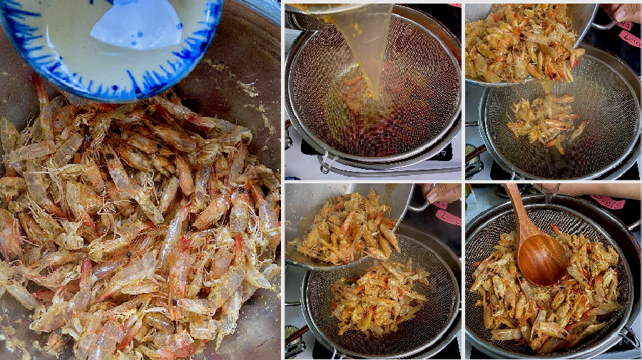 Lọc gạch tôm nấu nước dùng